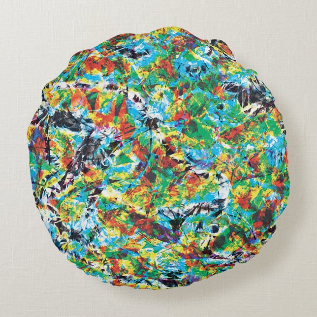 Colourful blue green spring flower pattern art round cushion (Back)