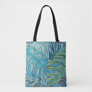 Colourful blue green tropical leaves watercolor tote bag