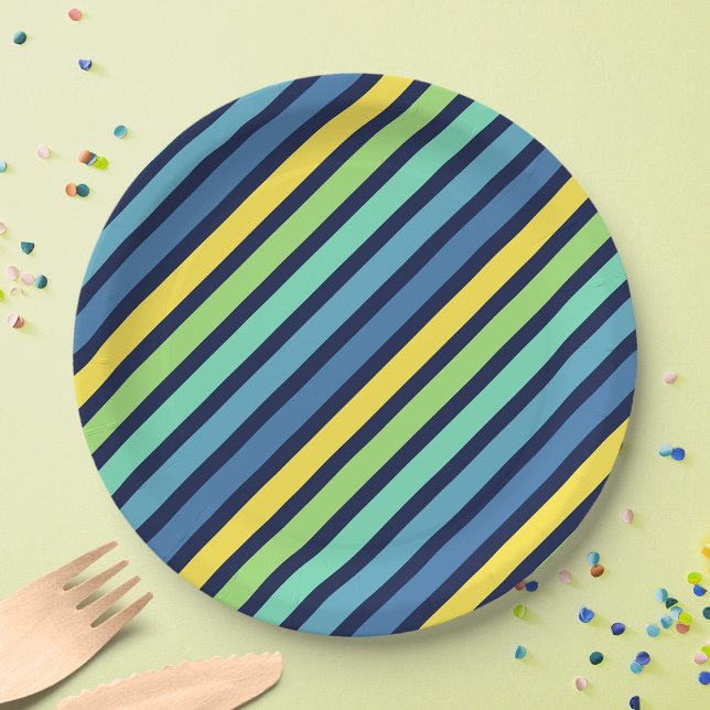 Colourful Blue Green Yellow Stripes Pattern Paper Plate (Creator Uploaded)