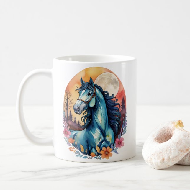 Colourful Blue Horse Dream Coffee Mug (With Donut)