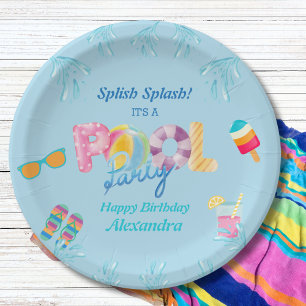 Colourful Blue Kids Swimming Pool Birthday Party Paper Plate