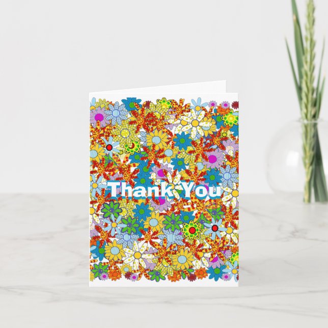 Colourful Blue Orange Red Floral Pattern Thank You Card (Front)