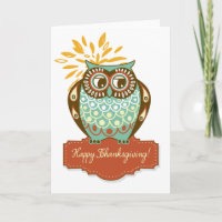 Colourful Blue Owl Floral Happy Thanksgiving