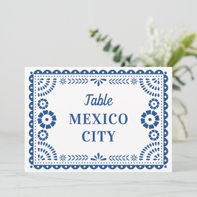 Colourful Blue Papel Picado Wedding Table Number (Standing Front)