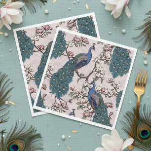 Colourful Blue Peacock and Magnolia Blush Pink Napkin