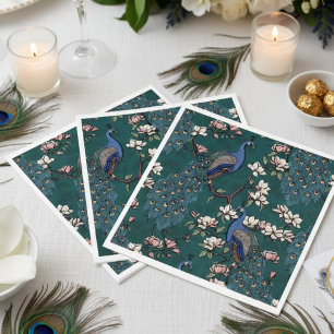 Colourful Blue Peacock and Magnolia Teal Napkin