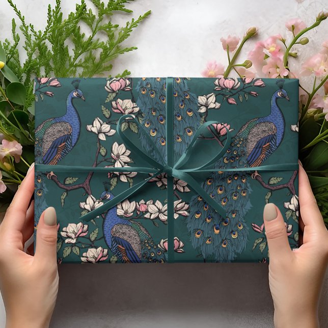 Colourful Blue Peacock & Magnolia Green Wildlife Wrapping Paper (Elegant Floral Blue Peacock Birds, Magnolia Branches in Bloom, Teal Green Background. Hand Drawn.)