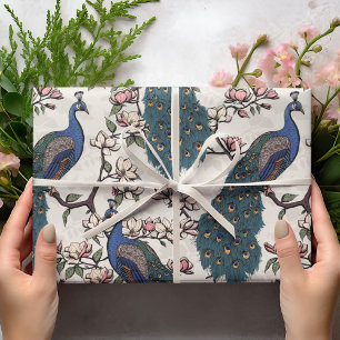 Colourful Blue Peacock & Magnolia Ivory Wildlife Wrapping Paper
