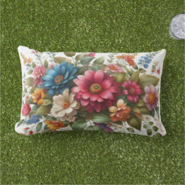 Colourful Blue Pink Floral with Greenery Lumbar Cushion