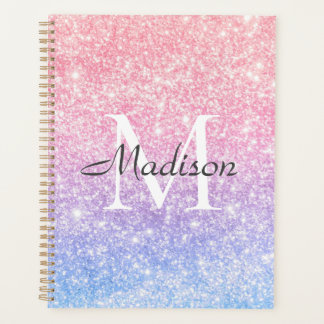 Colourful Blue Pink Ombre Glitter Name Monogram Planner