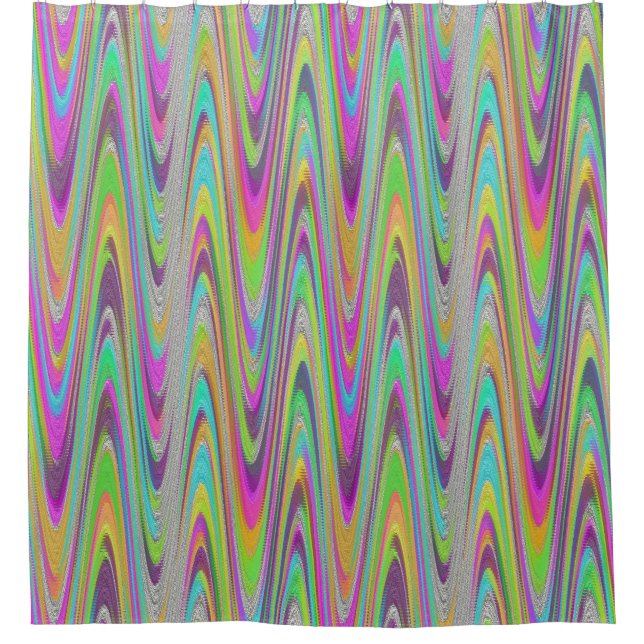 Colourful Blue Pink Yellow Green Orange Wave Shower Curtain (Front)