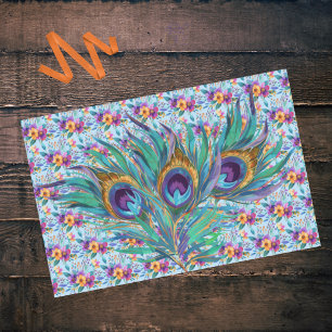 Colourful Blue Purple Peacock Feathers and Flowers Tissue Paper