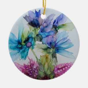 Colourful Blue Purple Pink Green Floral Art Ceramic Ornament