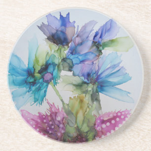 Colourful Blue Purple Pink Green Floral Art Coaster