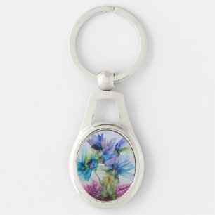 Colourful Blue Purple Pink Green Floral Art Key Ring
