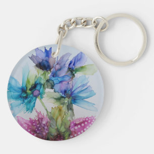 Colourful Blue Purple Pink Green Floral Art  Key Ring
