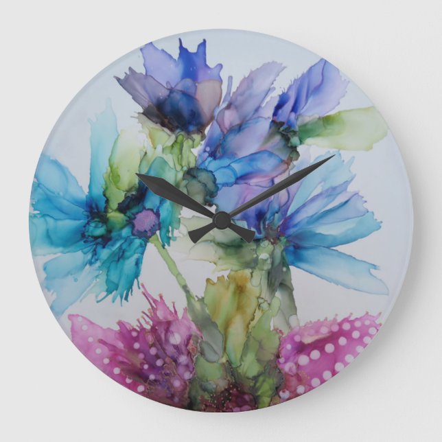 Colourful Blue Purple Pink Green Floral Art Large Clock (Front)