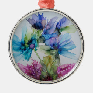 Colourful Blue Purple Pink Green Floral Art Metal Ornament