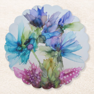 Colourful Blue Purple Pink Green Floral Art Paper Coaster