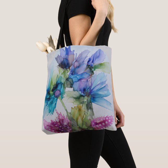Colourful Blue Purple Pink Green Floral Art  Tote Bag (Close Up)