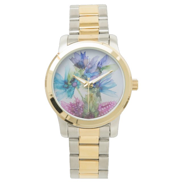 Colourful Blue Purple Pink Green Floral Art  Watch (Front)