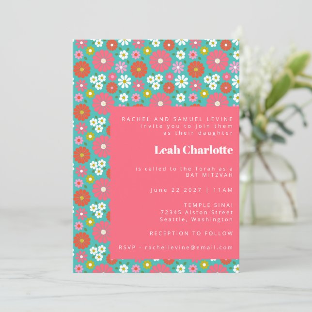 Colourful Blue Retro Floral Playful Bat Mitzvah Invitation (Standing Front)