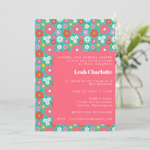Colourful Blue Retro Floral Playful Bat Mitzvah Invitation