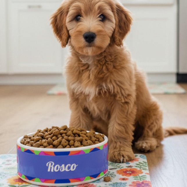 Colourful Blue Retro Geometric Ceramic Pet Bowl (Every dog deserves a personalized food bowl. Welcome your new pet with one of their own.)