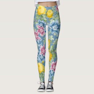 Colourful blue rose pattern summer fashion trendy  leggings