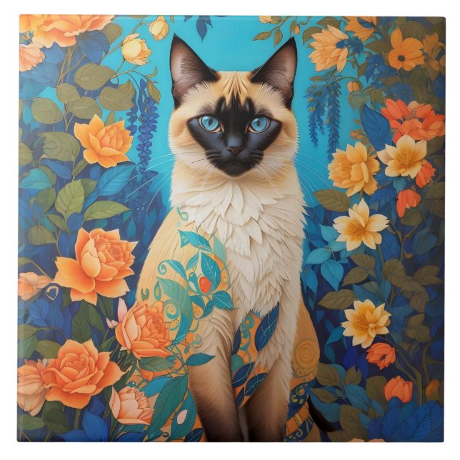 Colourful Blue Siamese Cat Floral Ceramic Tile (Front)