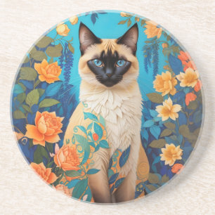 Colourful Blue Siamese Cat Floral Coaster