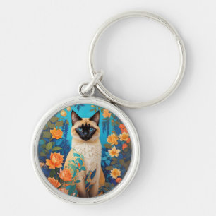 Colourful Blue Siamese Cat Floral Key Ring