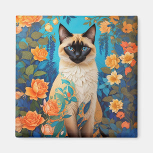 Colourful Blue Siamese Cat Floral Magnet