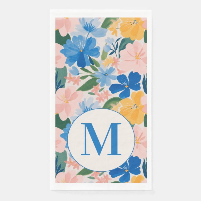 Colourful Blue Spring Flower Watercolor Monogram Napkin (Front)