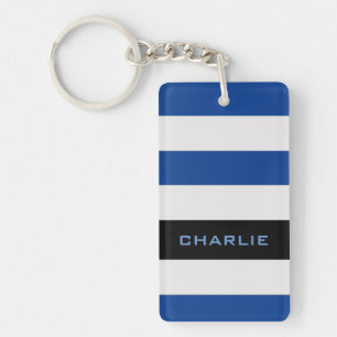 Colourful Blue Stripes with Custom Name Key Ring