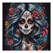 Colourful Blue Sugar Skull lady