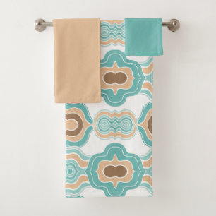 Colourful blue/tan/brown medallion bath towel set