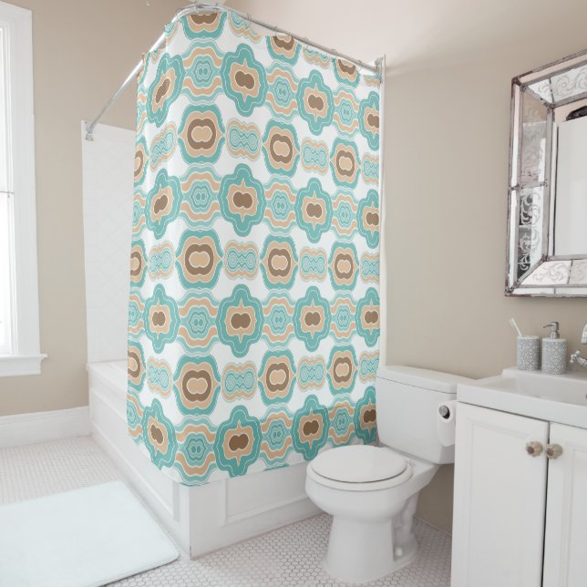 colourful blue/tan/brown medallion shower curtain (In Situ)