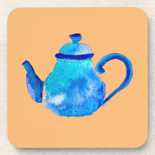 Colourful blue teapot watercolor coaster