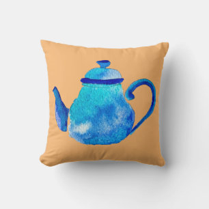 Colourful blue teapot watercolor cushion