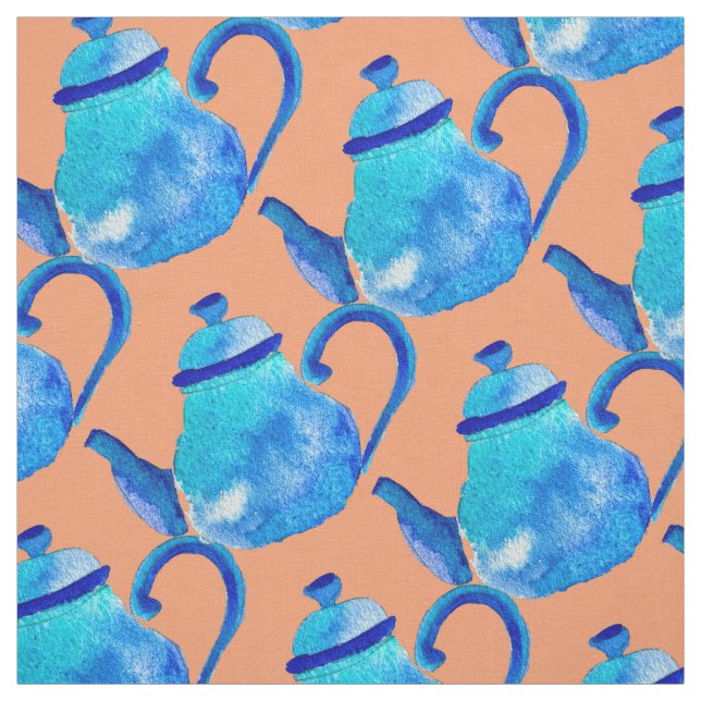 Colourful blue teapot watercolor fabric (Swatch)