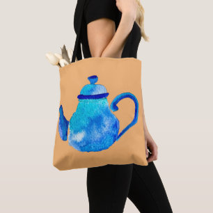 Colourful blue teapot watercolor tote bag