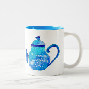 Colourful blue teapot watercolor Two-Tone coffee mug
