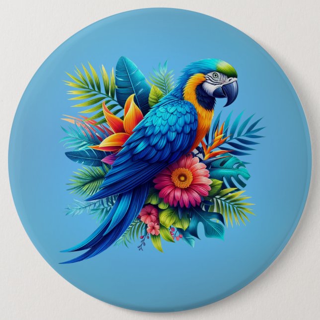 Colourful, blue tropical macaw  6 cm round badge (Front)