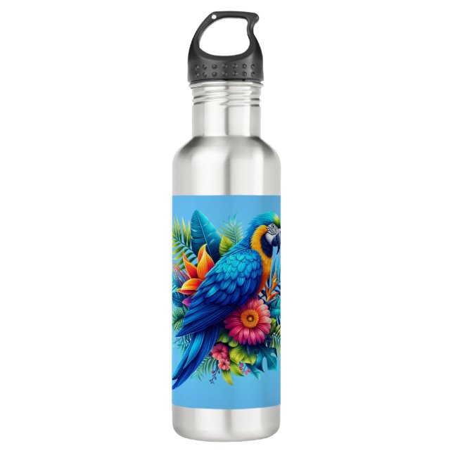 Colourful, blue tropical macaw  710 ml water bottle (Front)