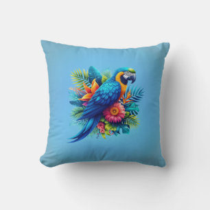 Colourful, blue tropical macaw cushion
