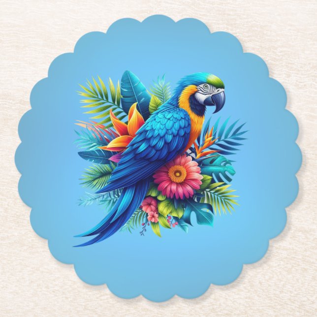 Colourful, blue tropical macaw  paper coaster (Front)