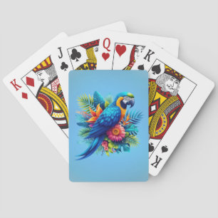 Colourful, blue tropical macaw playing cards