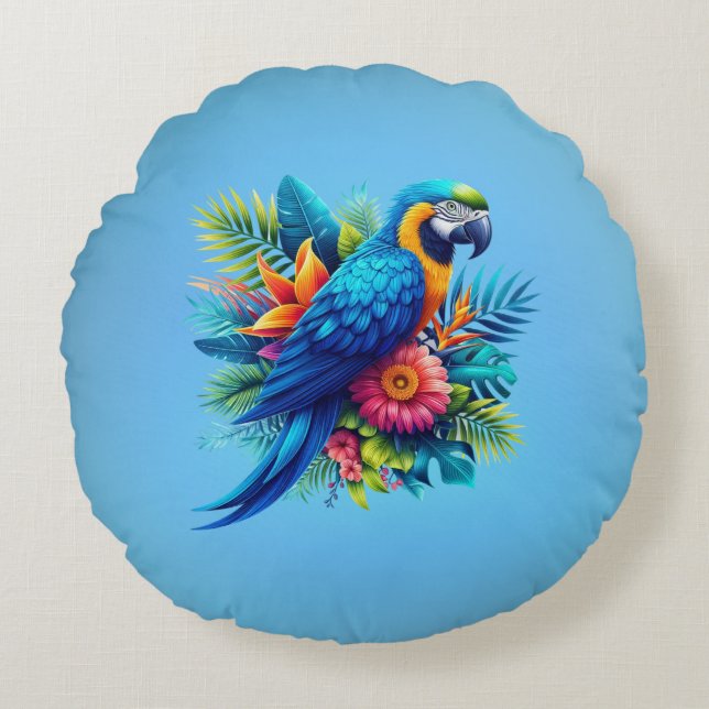 Colourful, blue tropical macaw  round cushion (Front)