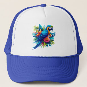 Colourful, blue tropical macaw trucker hat